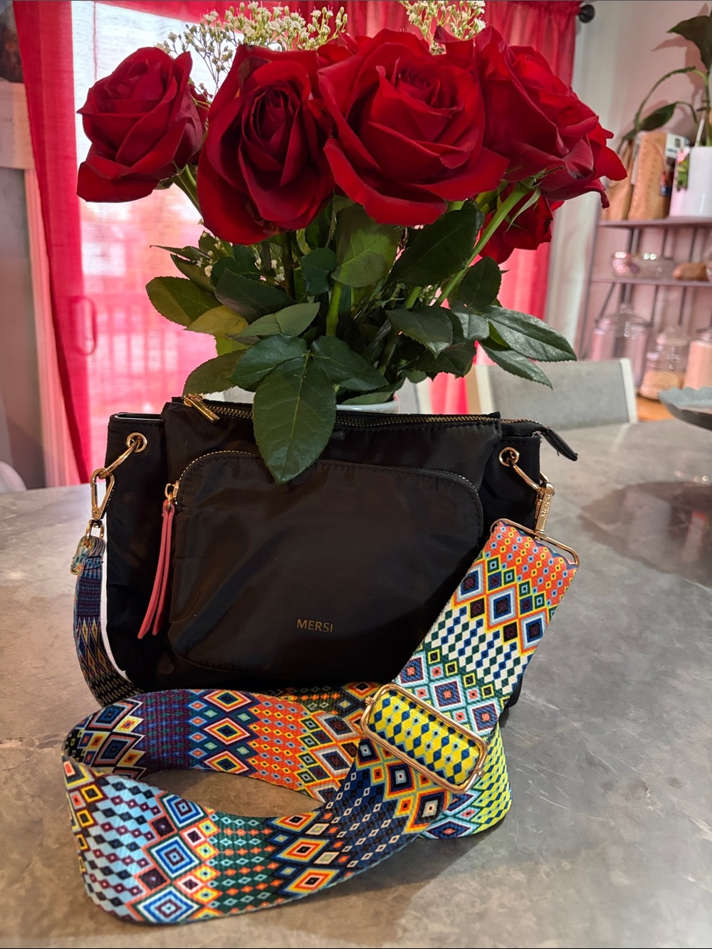 MERSI Black Nylon Shoulder Bag with Colorful Geometric Strap